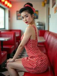 woman in retro 1950s diner photo shoot. posing in front of red 1950s barstools.  woman wearing 1950s pin up dress and 1950s red hair tie. white interior with red seats and black and white flooring.