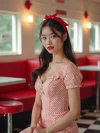 woman in retro 1950s diner photo shoot. posing in front of red 1950s barstools.  woman wearing 1950s pin up dress and 1950s red hair tie. white interior with red seats and black and white flooring.