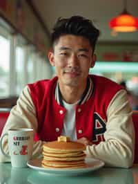 man in retro 1950s diner photo shoot. stack of pancakes and one coffee mug in front. man wearing varsity bomber