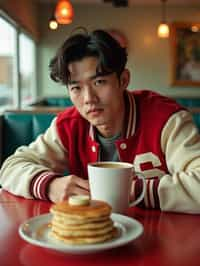 man in retro 1950s diner photo shoot. stack of pancakes and one coffee mug in front. man wearing varsity bomber