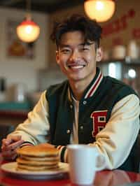 man in retro 1950s diner photo shoot. stack of pancakes and one coffee mug in front. man wearing varsity bomber