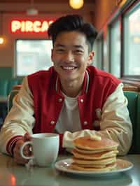 man in retro 1950s diner photo shoot. stack of pancakes and one coffee mug in front. man wearing varsity bomber