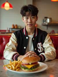 man in retro 1950s diner photo shoot. french fries and one cheeseburger on a plate in front. man wearing varsity bomber