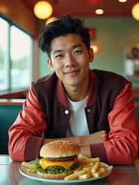 man in retro 1950s diner photo shoot. french fries and one cheeseburger on a plate in front. man wearing varsity bomber