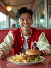 man in retro 1950s diner photo shoot. french fries and one cheeseburger on a plate in front. man wearing varsity bomber