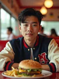 man in retro 1950s diner photo shoot. french fries and one cheeseburger on a plate in front. man wearing varsity bomber