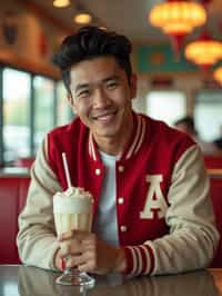 man in retro 1950s diner photo shoot. one milkshake in front. man wearing varsity bomber