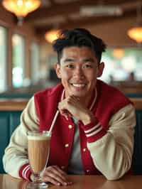 man in retro 1950s diner photo shoot. one milkshake in front. man wearing varsity bomber