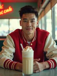 man in retro 1950s diner photo shoot. one milkshake in front. man wearing varsity bomber