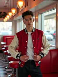 man in retro 1950s diner photo shoot. posing in front of red 1950s barstools. man wearing varsity bomber . white interior with red seats and black and white flooring.