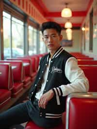 man in retro 1950s diner photo shoot. posing in front of red 1950s barstools. man wearing varsity bomber . white interior with red seats and black and white flooring.