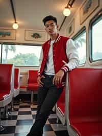 man in retro 1950s diner photo shoot. posing in front of red 1950s barstools. man wearing varsity bomber . white interior with red seats and black and white flooring.