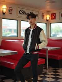 man in retro 1950s diner photo shoot. posing in front of red 1950s barstools. man wearing varsity bomber . white interior with red seats and black and white flooring.