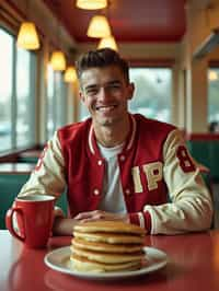 man in retro 1950s diner photo shoot. stack of pancakes and one coffee mug in front. man wearing varsity bomber