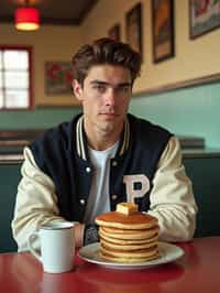 man in retro 1950s diner photo shoot. stack of pancakes and one coffee mug in front. man wearing varsity bomber