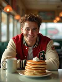 man in retro 1950s diner photo shoot. stack of pancakes and one coffee mug in front. man wearing varsity bomber