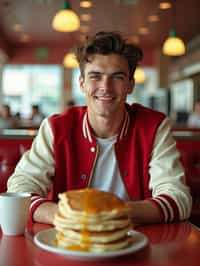 man in retro 1950s diner photo shoot. stack of pancakes and one coffee mug in front. man wearing varsity bomber