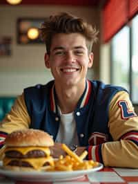 man in retro 1950s diner photo shoot. french fries and one cheeseburger on a plate in front. man wearing varsity bomber