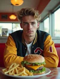 man in retro 1950s diner photo shoot. french fries and one cheeseburger on a plate in front. man wearing varsity bomber