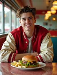 man in retro 1950s diner photo shoot. french fries and one cheeseburger on a plate in front. man wearing varsity bomber