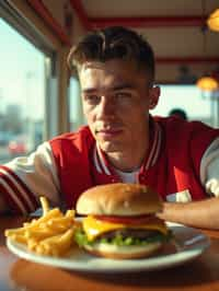 man in retro 1950s diner photo shoot. french fries and one cheeseburger on a plate in front. man wearing varsity bomber