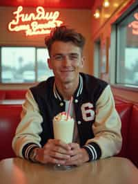 man in retro 1950s diner photo shoot. one milkshake in front. man wearing varsity bomber