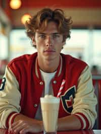 man in retro 1950s diner photo shoot. one milkshake in front. man wearing varsity bomber