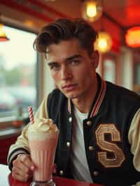 man in retro 1950s diner photo shoot. one milkshake in front. man wearing varsity bomber