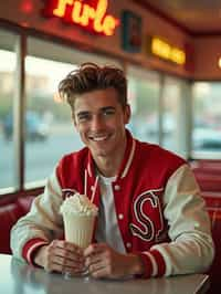 man in retro 1950s diner photo shoot. one milkshake in front. man wearing varsity bomber