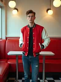 man in retro 1950s diner photo shoot. posing in front of red 1950s barstools. man wearing varsity bomber . white interior with red seats and black and white flooring.