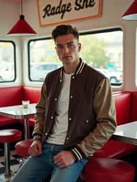 man in retro 1950s diner photo shoot. posing in front of red 1950s barstools. man wearing varsity bomber . white interior with red seats and black and white flooring.