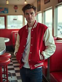 man in retro 1950s diner photo shoot. posing in front of red 1950s barstools. man wearing varsity bomber . white interior with red seats and black and white flooring.