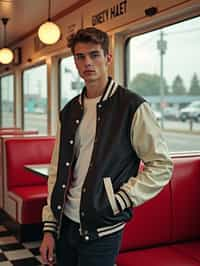 man in retro 1950s diner photo shoot. posing in front of red 1950s barstools. man wearing varsity bomber . white interior with red seats and black and white flooring.