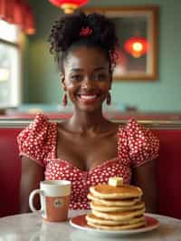 woman in retro 1950s diner photo shoot. stack of pancakes and one coffee mug in front.  woman wearing 1950s pin up dress and 1950s hair tie