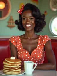 woman in retro 1950s diner photo shoot. stack of pancakes and one coffee mug in front.  woman wearing 1950s pin up dress and 1950s hair tie