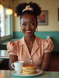 woman in retro 1950s diner photo shoot. stack of pancakes and one coffee mug in front.  woman wearing 1950s pin up dress and 1950s hair tie