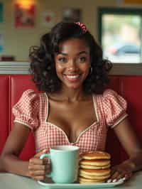 woman in retro 1950s diner photo shoot. stack of pancakes and one coffee mug in front.  woman wearing 1950s pin up dress and 1950s hair tie