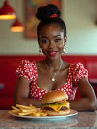 woman in retro 1950s diner photo shoot. french fries and one cheeseburger on a plate in front.  woman wearing 1950s pin up dress and 1950s hair tie