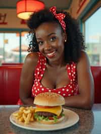 woman in retro 1950s diner photo shoot. french fries and one cheeseburger on a plate in front.  woman wearing 1950s pin up dress and 1950s hair tie