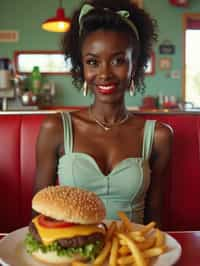 woman in retro 1950s diner photo shoot. french fries and one cheeseburger on a plate in front.  woman wearing 1950s pin up dress and 1950s hair tie