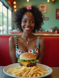 woman in retro 1950s diner photo shoot. french fries and one cheeseburger on a plate in front.  woman wearing 1950s pin up dress and 1950s hair tie