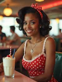 woman in retro 1950s diner photo shoot. one milkshake in front.  woman wearing 1950s pin up dress and 1950s hair tie