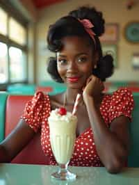 woman in retro 1950s diner photo shoot. one milkshake in front.  woman wearing 1950s pin up dress and 1950s hair tie