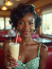 woman in retro 1950s diner photo shoot. one milkshake in front.  woman wearing 1950s pin up dress and 1950s hair tie