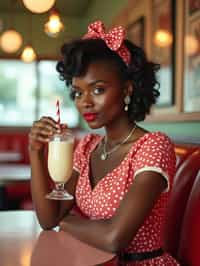 woman in retro 1950s diner photo shoot. one milkshake in front.  woman wearing 1950s pin up dress and 1950s hair tie