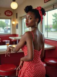 woman in retro 1950s diner photo shoot. posing in front of red 1950s barstools.  woman wearing 1950s pin up dress and 1950s red hair tie. white interior with red seats and black and white flooring.