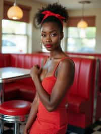 woman in retro 1950s diner photo shoot. posing in front of red 1950s barstools.  woman wearing 1950s pin up dress and 1950s red hair tie. white interior with red seats and black and white flooring.