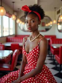 woman in retro 1950s diner photo shoot. posing in front of red 1950s barstools.  woman wearing 1950s pin up dress and 1950s red hair tie. white interior with red seats and black and white flooring.