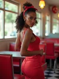 woman in retro 1950s diner photo shoot. posing in front of red 1950s barstools.  woman wearing 1950s pin up dress and 1950s red hair tie. white interior with red seats and black and white flooring.