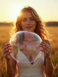 woman holding a giant soap bubble in a sunlit field